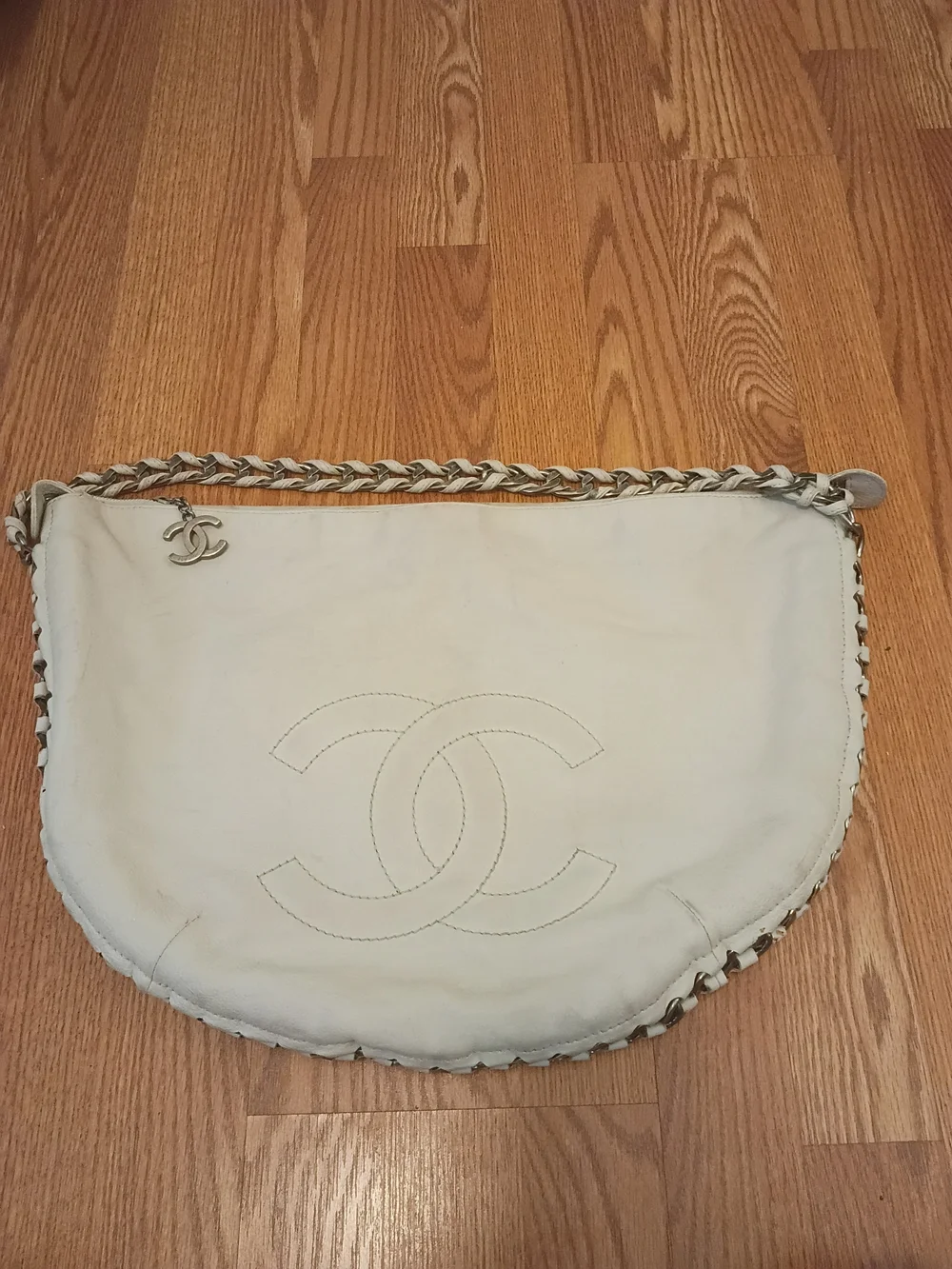 CHANEL Cream Leather Hobo with Silver Chain and CC Stitch
